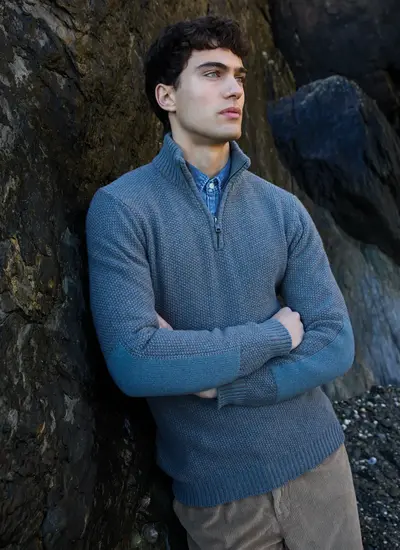 Fisherman Lambswool Seed Stitch Zip Neck Sweater